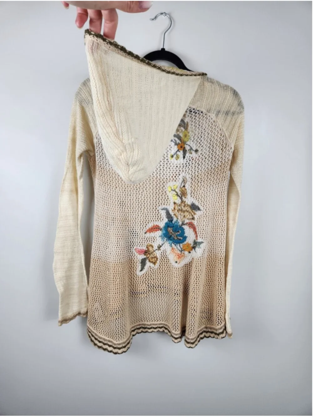 Free People Sz S Menagerie Open Knit Crochet Top Embroidery Baggy Oversized